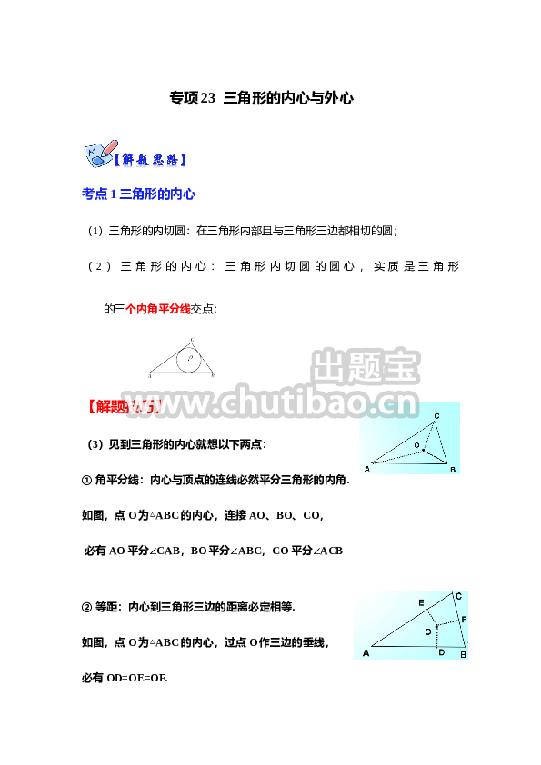 专项23 三角形的内心与外心（原卷版）